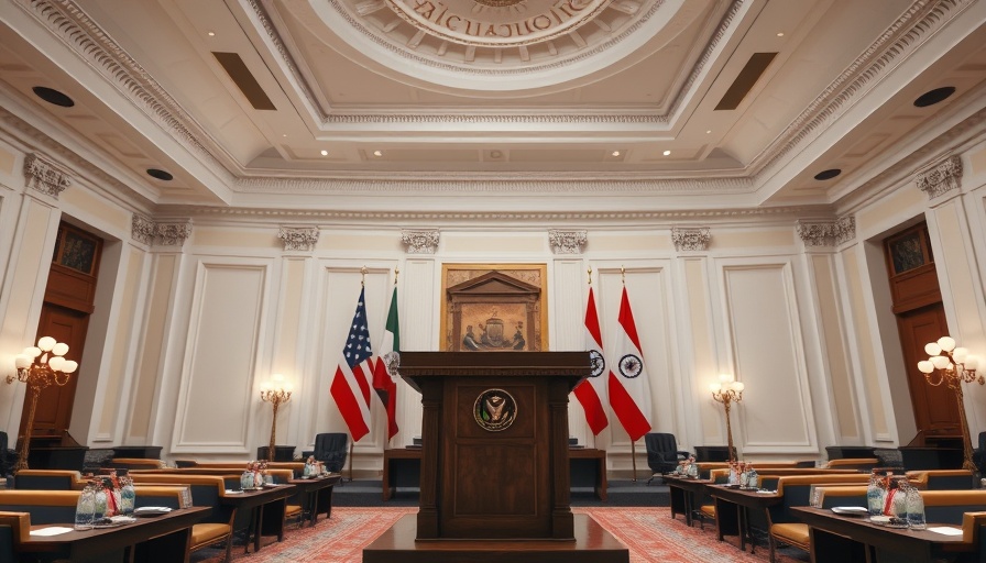 Political influence conference room with podium and flags.