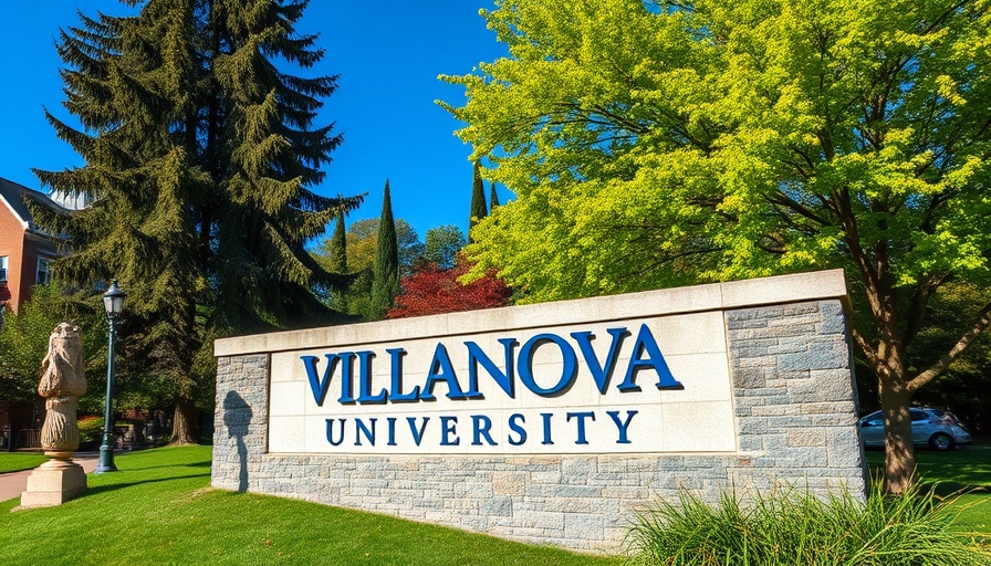 Villanova University entrance amidst lush greenery and clear skies.