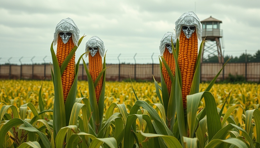 Surreal cornstalks with ICE caps in guarded field, DHS Immigration Detention Space Expansion.