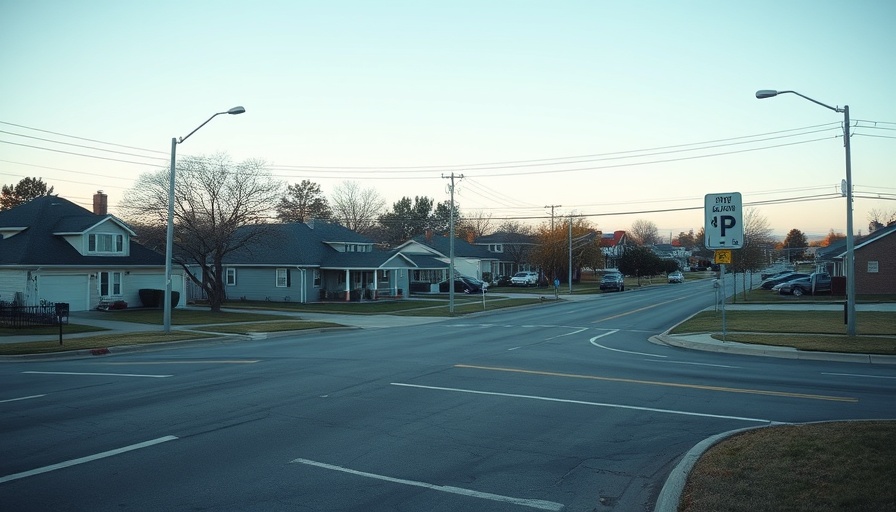 Quiet suburban intersection, typical neighborhood scene.