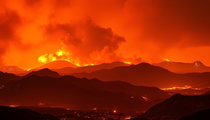 Dramatic Southern California wildfire engulfing hills at night.