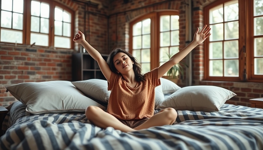 Woman stretching in cozy bedroom with rustic brick walls.