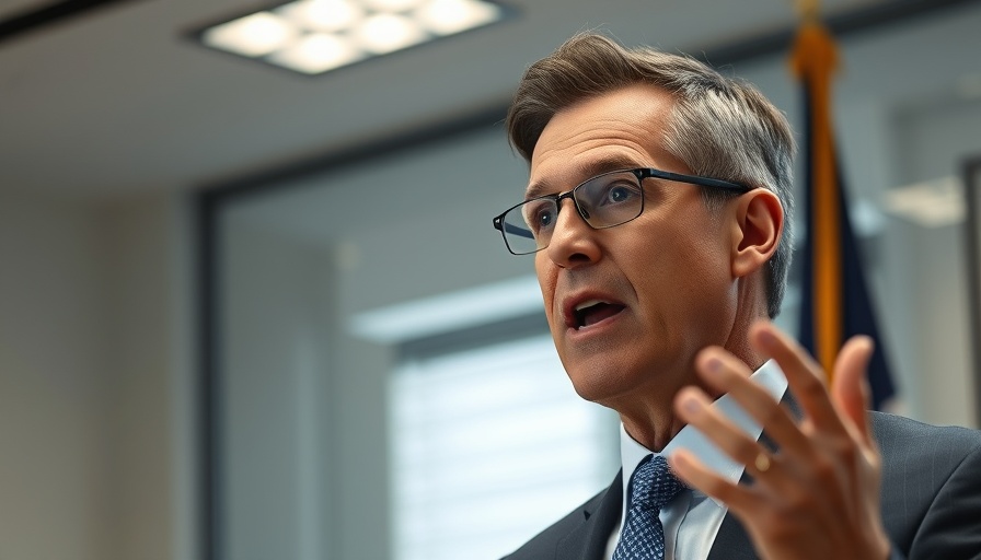 Professional man speaking in office with flag backdrop.