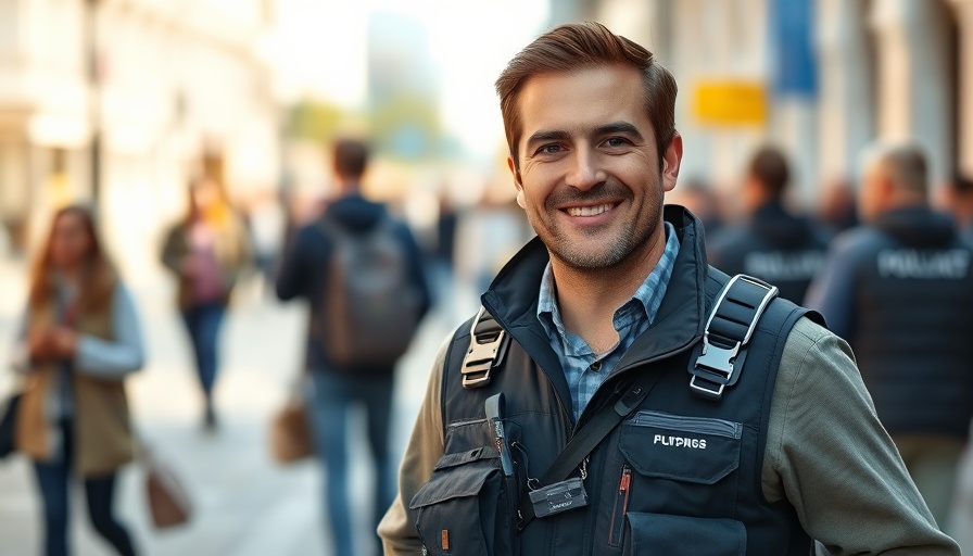 Journalist wearing press vest outdoors, smiling confidently.