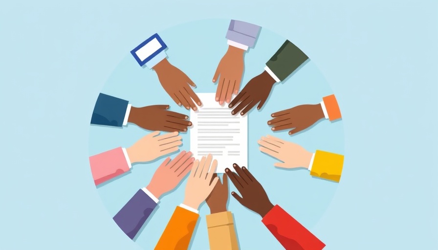 Illustration of hands signing and pointing at a document, teamwork concept.