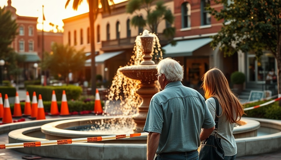 Evening scene near a fountain with caution tape after a drunk driving incident in Old Towne Orange.