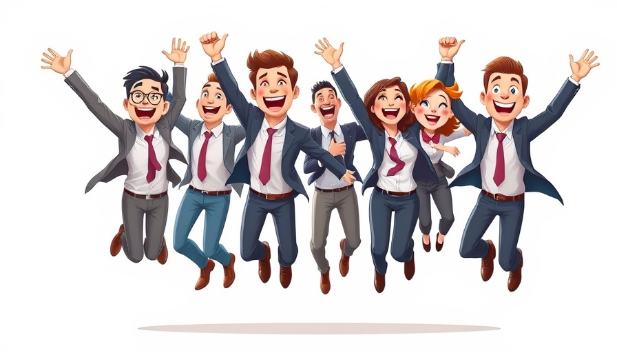 Animated business team celebrating employee benefits and wellness programs.