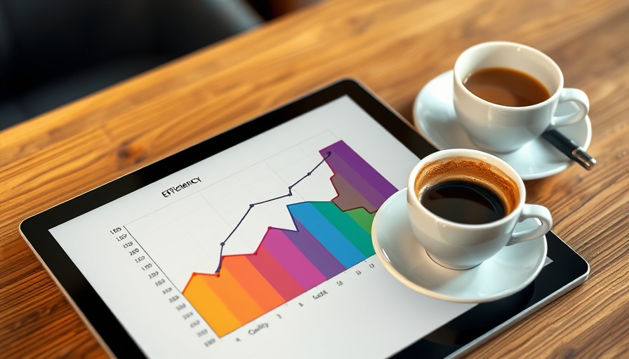 Digital tablet with efficiency graph, coffee, and pen on wooden table