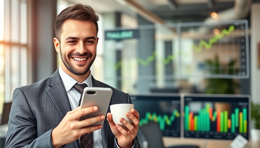 Businessman analyzing merchant cash advance funding on smartphone.