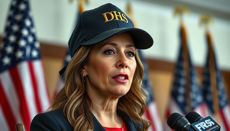 Woman in DHS cap speaks against American flag backdrop, FEMA critics and disaster relief theme.
