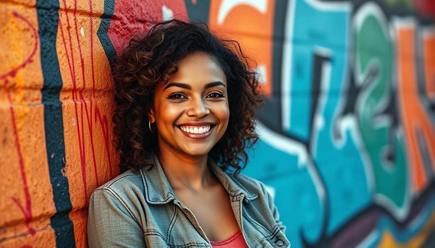 Confident woman near vibrant graffiti wall showcasing paid family and medical leave.