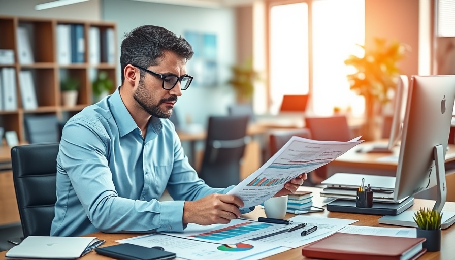 Financial consultant analyzing documents on a desk.