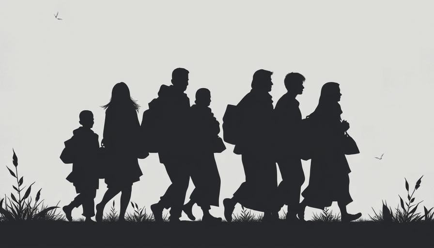 Silhouetted refugees migrating with bags across gray backdrop.