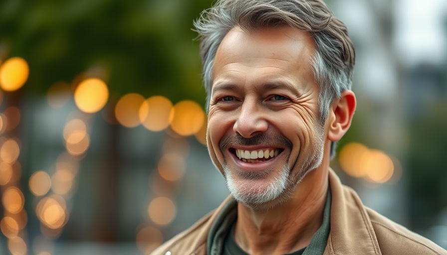 Middle-aged man smiling outdoors, blurred background.
