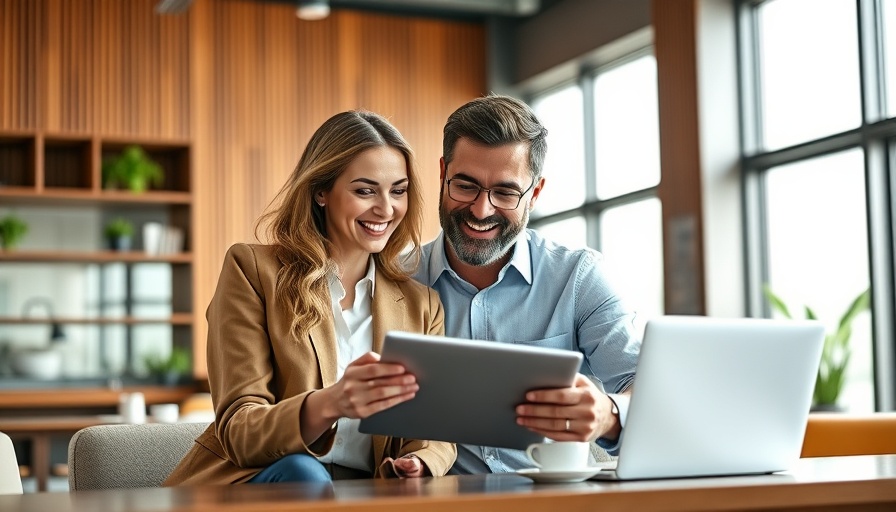 Professionals discussing finance plan in modern office, smiling.