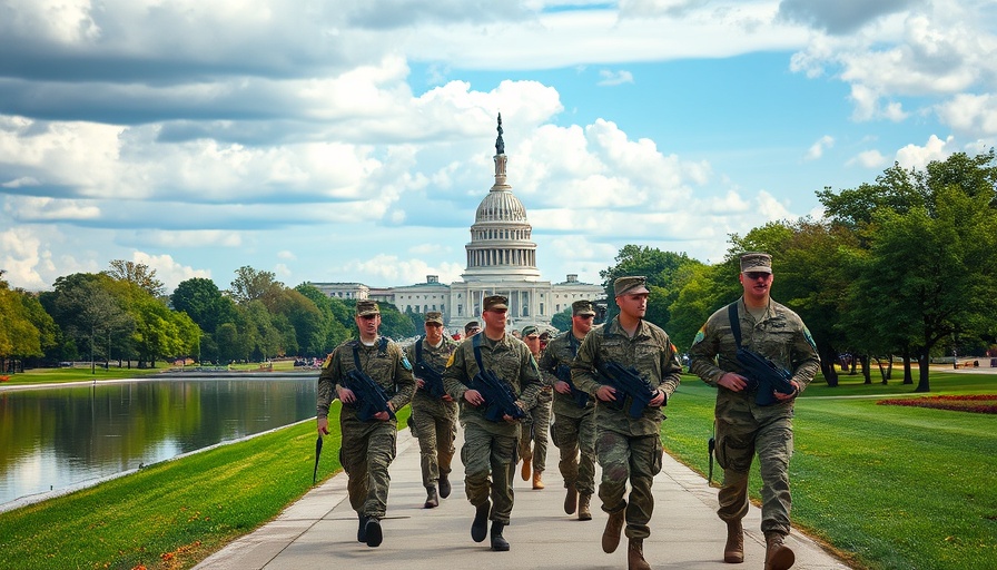 Soldiers in camouflage near Washington Monument and Capitol reflecting.