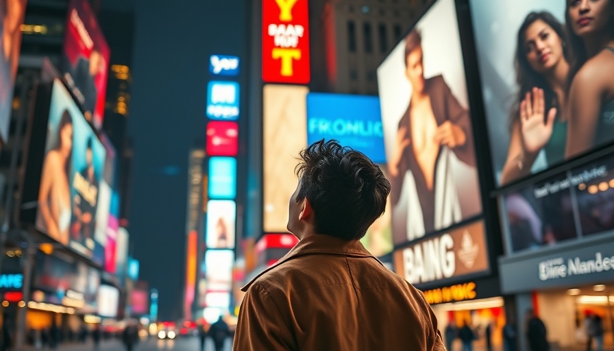 Young man admiring illuminated famous ad campaigns at night.