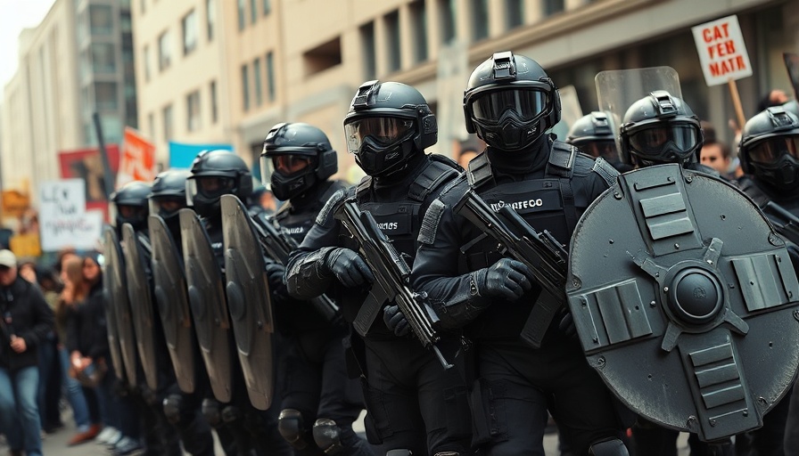 Federal troops in Los Angeles stand in formation amid protest.