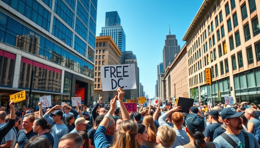 Protesters against federal forces with 'Free DC' sign in urban street.