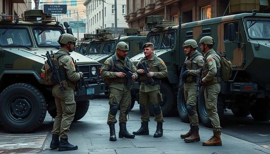 National Guard soldiers near military vehicles discussing duties.