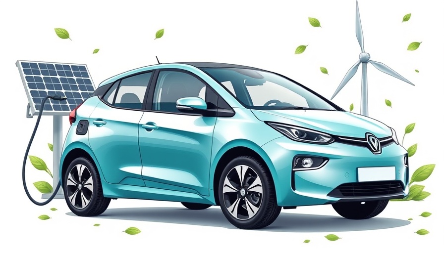 Green energy illustration depicting a car charging with solar and wind power.
