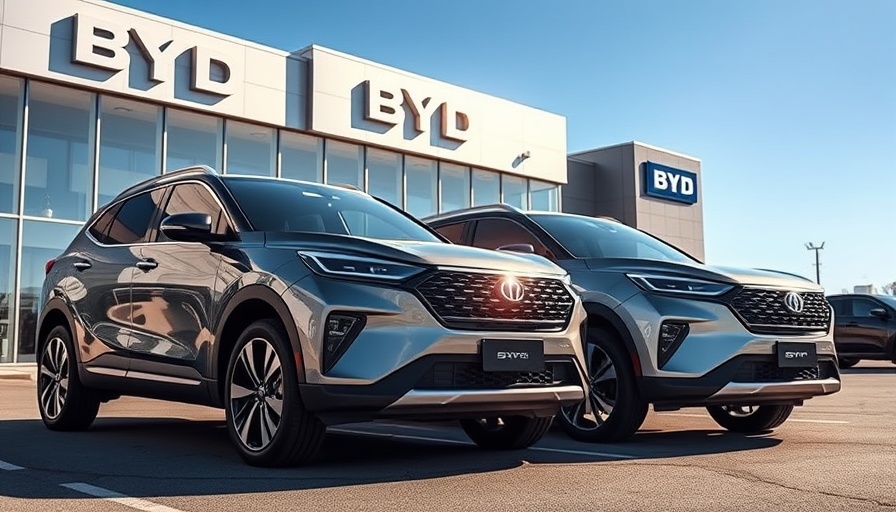 BYD vehicles parked under clear sky, illustrating BYD profit slump.