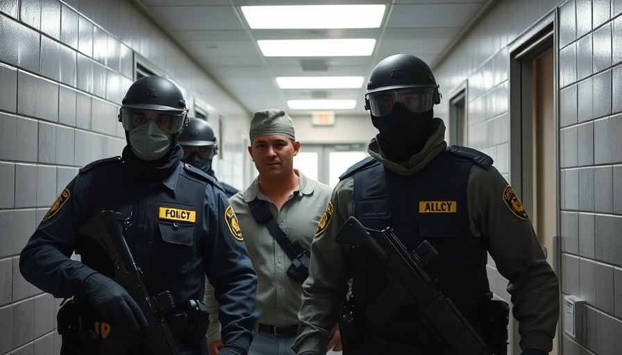 Masked officers escort detainee in secure facility, Trump Deportations Under Wartime Law.