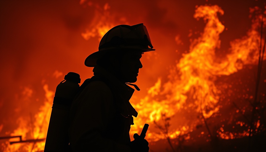 Firefighter battles intense California wildfires impact at night.