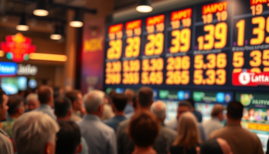 Lottery sign with highlighted numbers and blurry crowd in focus, Powerball jackpot increases to 1.70 billion.