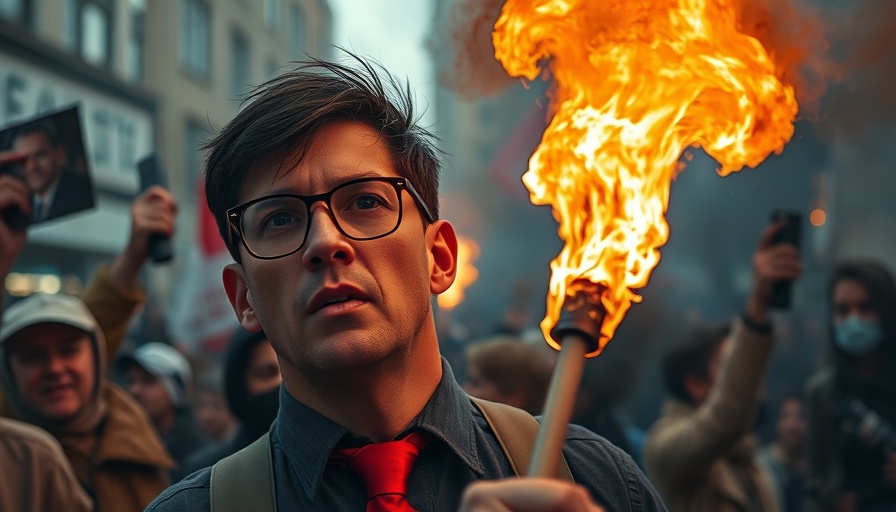 Protest scene with flames, man in red tie, tax-exempt status of CCP-linked nonprofit.
