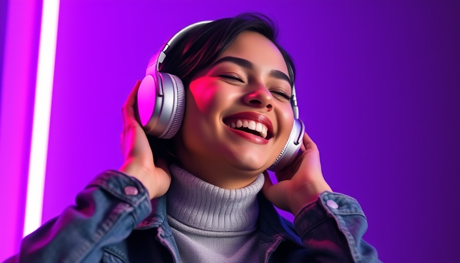 Young woman enjoying music with headphones in neon purple light
