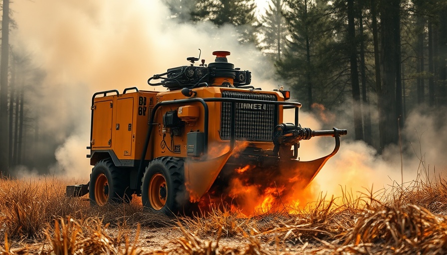 BurnBot RX wildfire management machine operating with smoke in a forest setting.