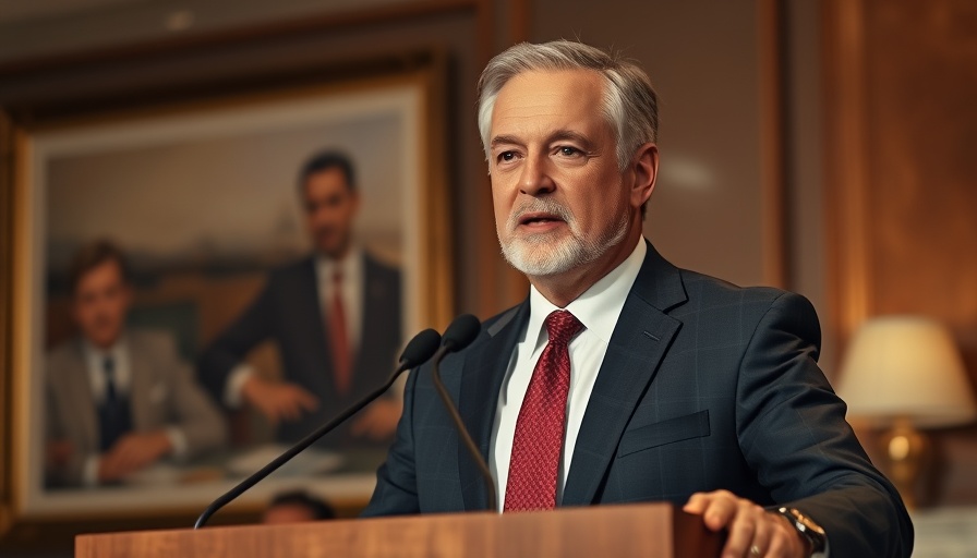 Mid-aged man in suit speaks at press event, blurred background.