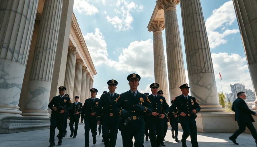 Federal officers walking among impressive marble columns in daylight.