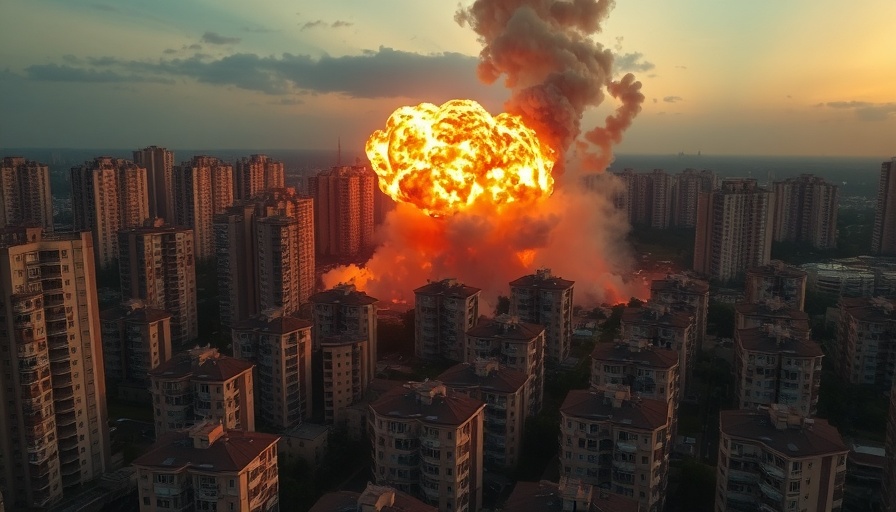 Drone attack in Ukraine cityscape with explosion and smoke.