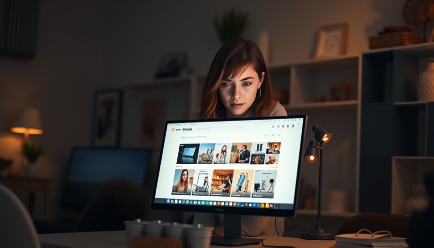 Young woman using computer for store layout design, modern workspace.