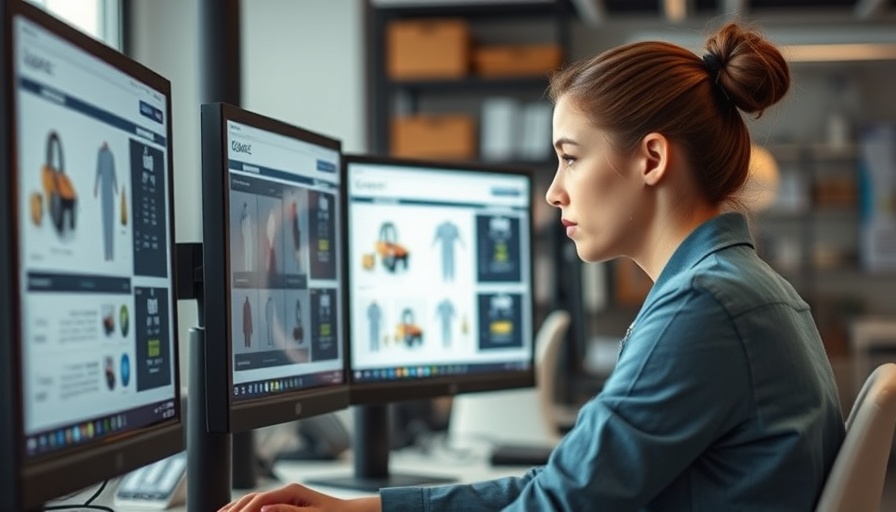 Woman using store layout design tools on computer in modern office.