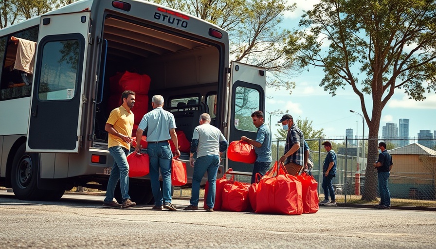 Group unloading near bus in fenced area, ICE arrests visual.