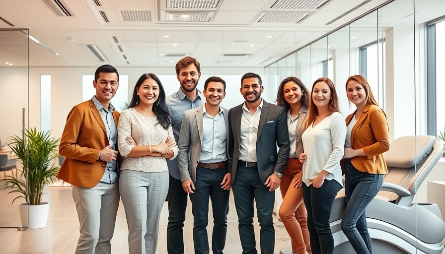 Group of professionals promoting workplace wellness solutions in a bright office.