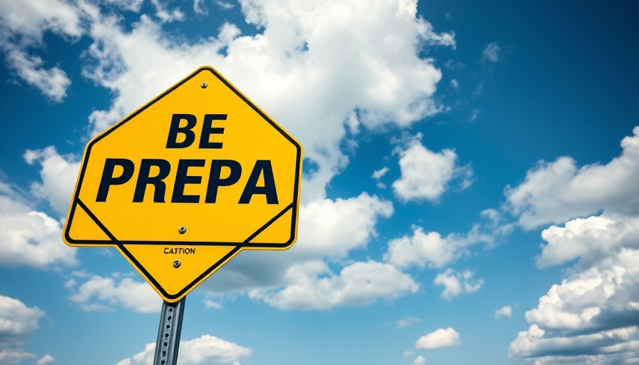 Yellow 'Be Prepared' sign against blue sky for hurricane preparedness.
