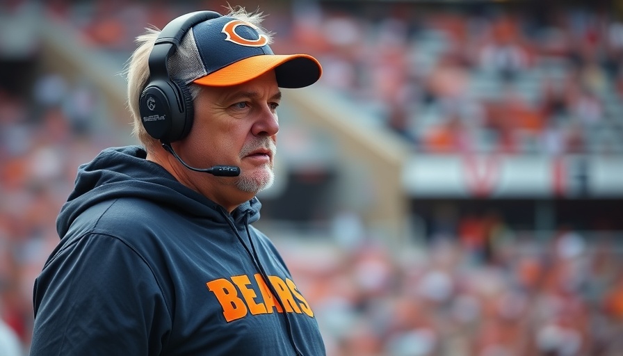 Coach in Bears attire showing focus, stadium background, Bears lack of situational awareness.