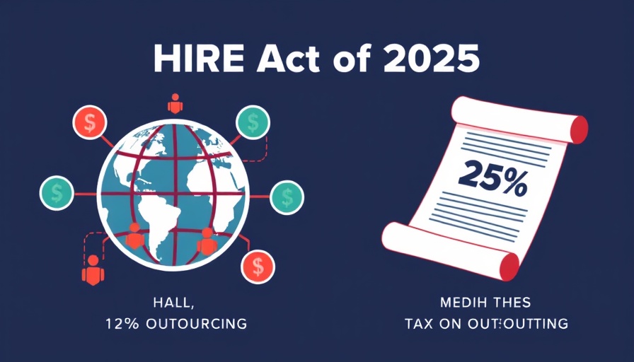 HIRE Act 2025 Outsourcing Tax Infographic with symbols.