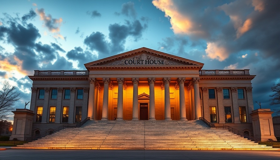 Imposing neoclassical courthouse building at dusk.