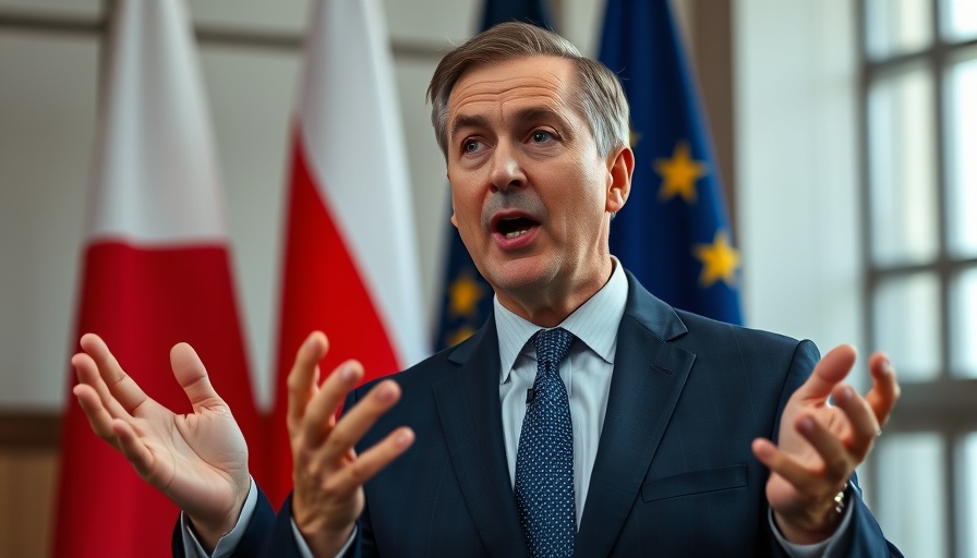 Man in suit speaking at conference with Polish flag.