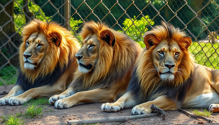 Lions resting in a Thailand zoo enclosure with greenery.