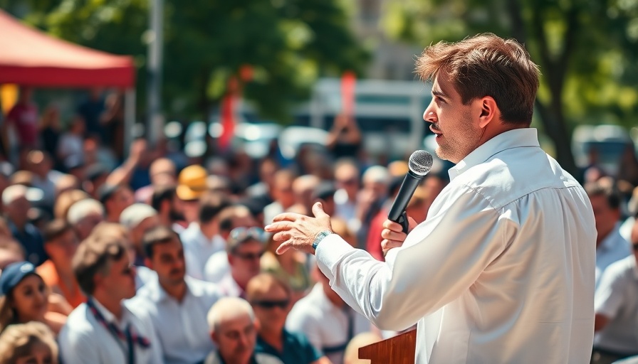 Young man speaking about campus free speech at outdoor event.