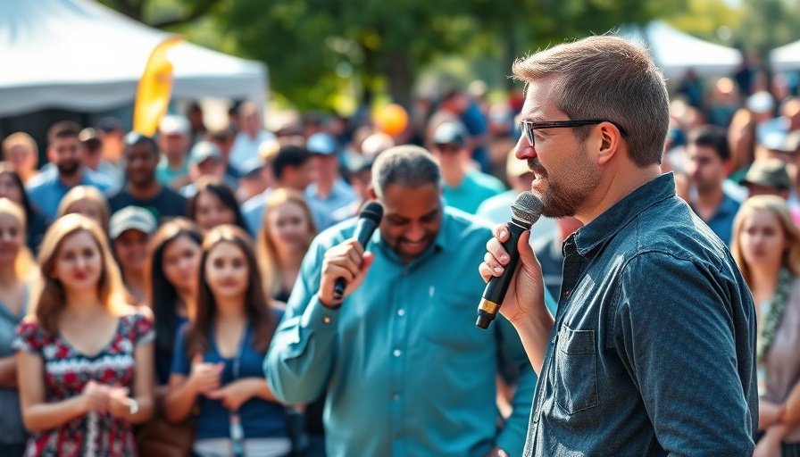 Casual speaker engaging audience at outdoor event, vibrant backdrop.