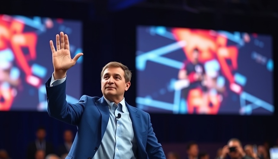 Confident speaker on stage raising hand at event, digital screens backdrop.