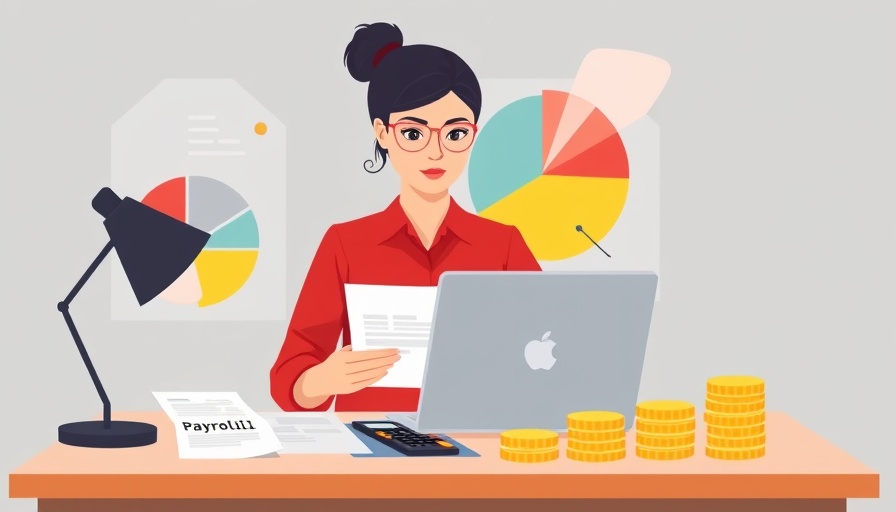 Illustration of payroll management with woman, documents, and graph, depicting Payroll Responsibilities During Life Events.