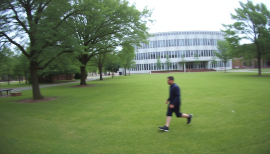 Blurry CCTV image of figure on grass near building.